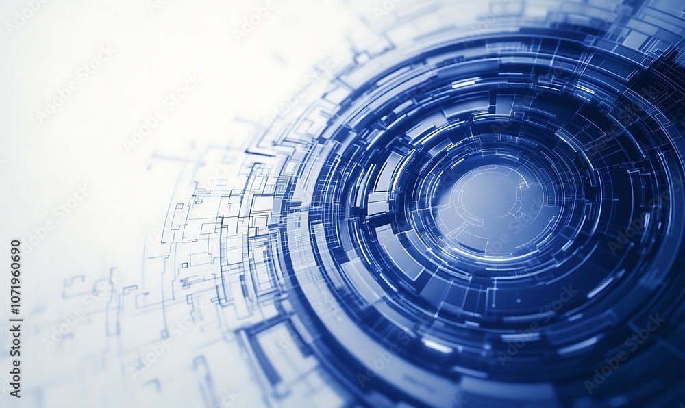 Poster a futuristic digital design featuring concentric circular patterns and blue tones, evoking technolog