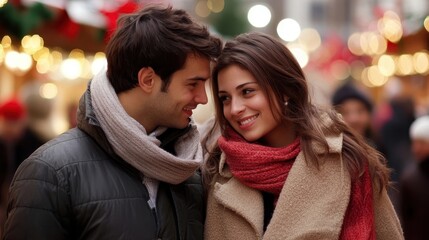 Fototapeta premium Young Couple Shopping for Winter Coats in Festive Holiday Mall