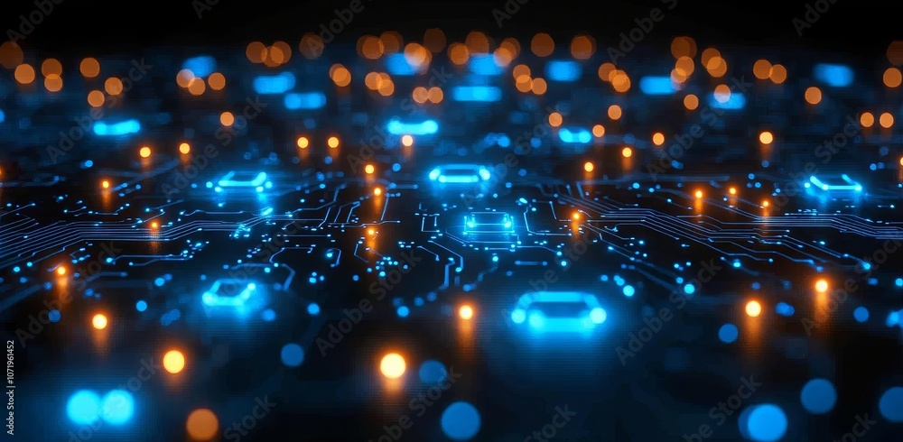 Poster displays of modern technology concepts with a grid line circuit border serve as background artwork.