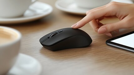 A hand gently touches a modern mouse, while coffee cups sit invitingly nearby