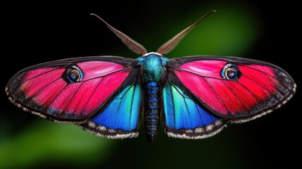 A vibrant butterfly displaying striking pink and blue wings against a dark, blurred background.