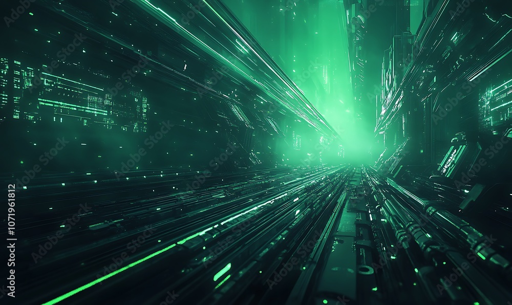 Poster a futuristic digital landscape with glowing green lines and particles, creating a sense of depth and