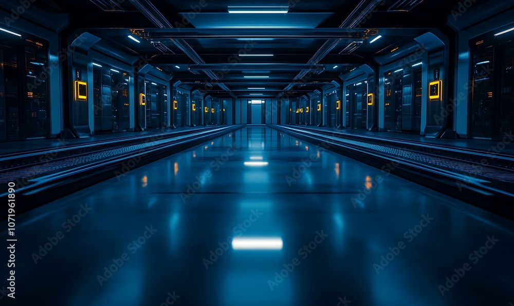 Aufkleber a futuristic, dimly lit hallway with sleek surfaces and glowing elements, creating a high-tech atmos