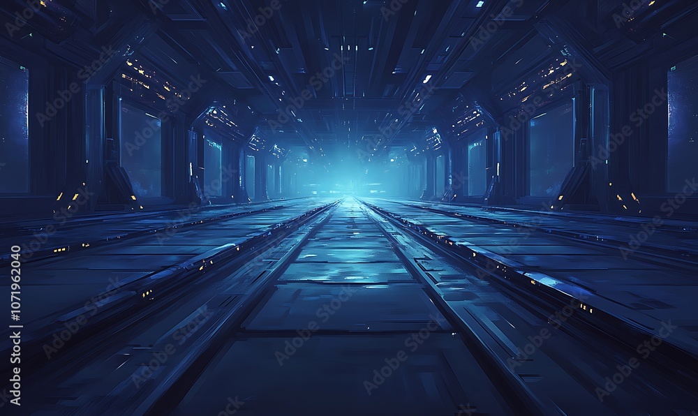 Aufkleber a futuristic underground tunnel illuminated by blue lights, creating a mysterious and immersive atmo