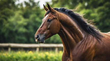 Obraz premium Beautiful brown horse standing in a lush green pasture