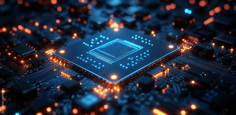 Poster abstract blue technology circuit patterns in a future-oriented horizon illustration.