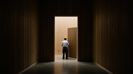 Obraz premium Worker in Yellow Hard Hat Standing at Open Doorway in a Dimly Lit Wooden Room, Representing Construction, Architecture, and Building Design Principles