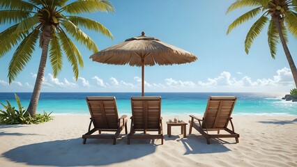 Obraz premium Relaxing beach chairs under umbrella with ocean view and tropical palm trees in background