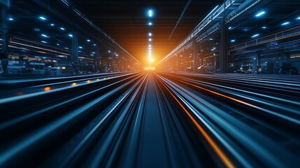 A vibrant, futuristic railway scene with illuminated tracks leading toward a glowing sunset, creating a sense of speed and perspective.