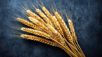 Dried golden wheat stalks artistically arranged on a dark surface