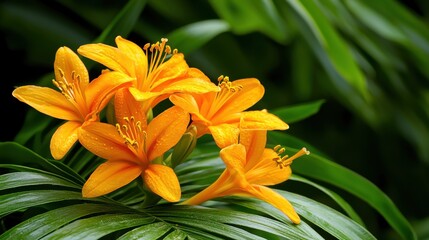 Fototapeta premium Bright yellow flowers bloom elegantly against lush green foliage, showcasing the beauty of nature in a vibrant, serene setting.