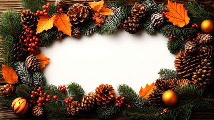 Decorative autumn elements create a warm frame with leaves, pine cones, and berries