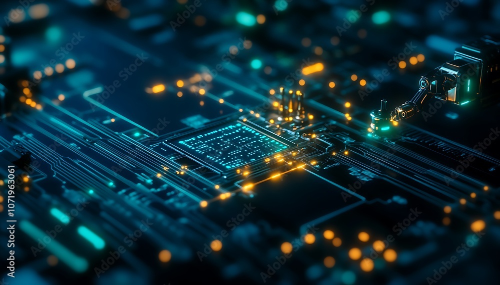 Aufkleber An intricate close-up of a circuit board showcasing glowing pathways and components, highlighting advanced technology and connectivity.