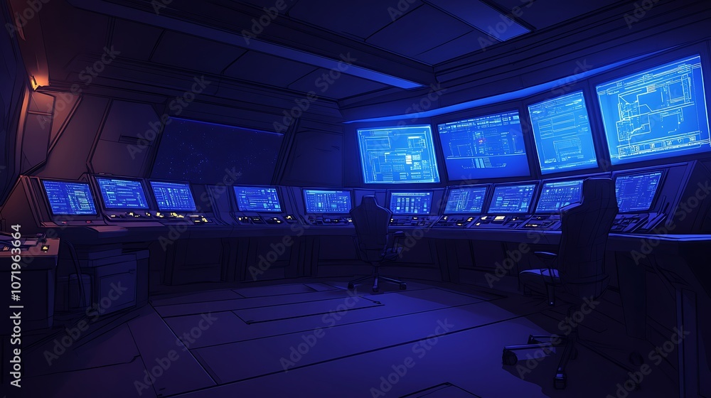Poster A dimly lit control room featuring multiple monitors displaying vibrant blue graphics and data, creating a futuristic atmosphere.