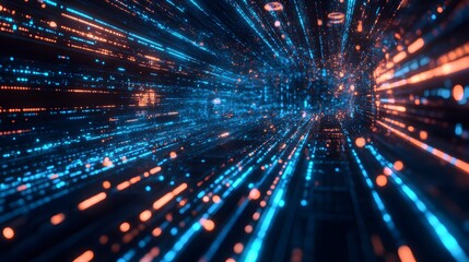 Fototapeta premium Dynamic abstract digital background with vibrant blue and orange light streaks.