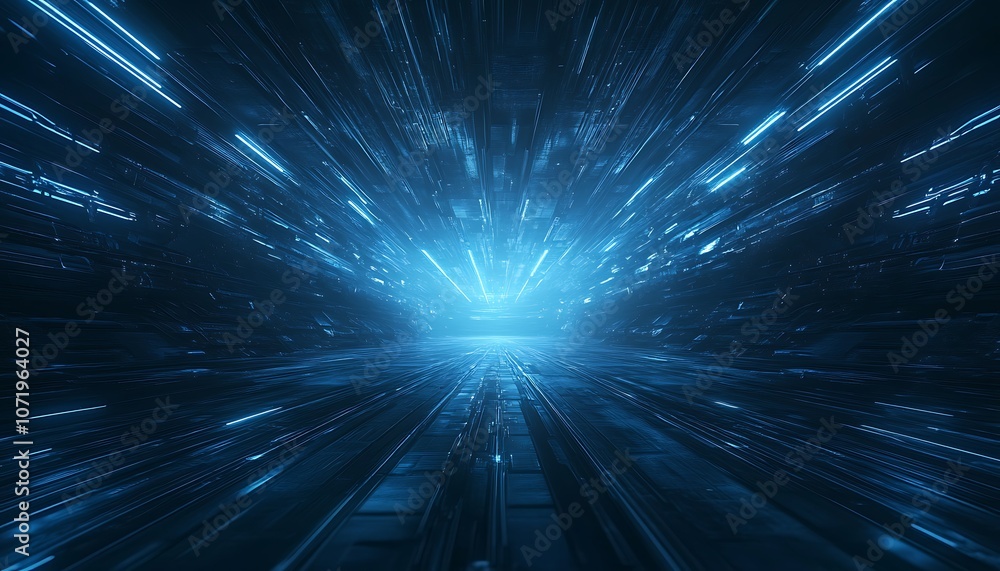 Poster a futuristic tunnel of light with a vibrant blue hue, suggesting speed and depth, creating a sense o