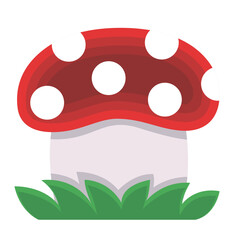 Red Mushroom with Grass Illustration Isolated on White Background