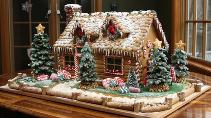 A festive gingerbread house surrounded by candy trees and decorations.