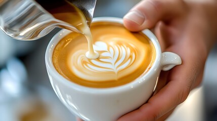 Close-up of a hand pouring steamed milk into a cup of coffee with latte art.