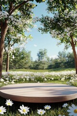 Fototapeta premium A wooden platform stands in the center of an open meadow, surrounded by white daisies blossoms under trees.