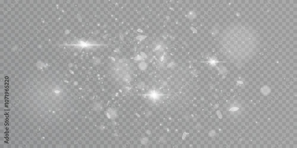 Poster Light effect with lots of sparkling highlights and glitter on transparent background. Colorful bokeh and shiny background.	
