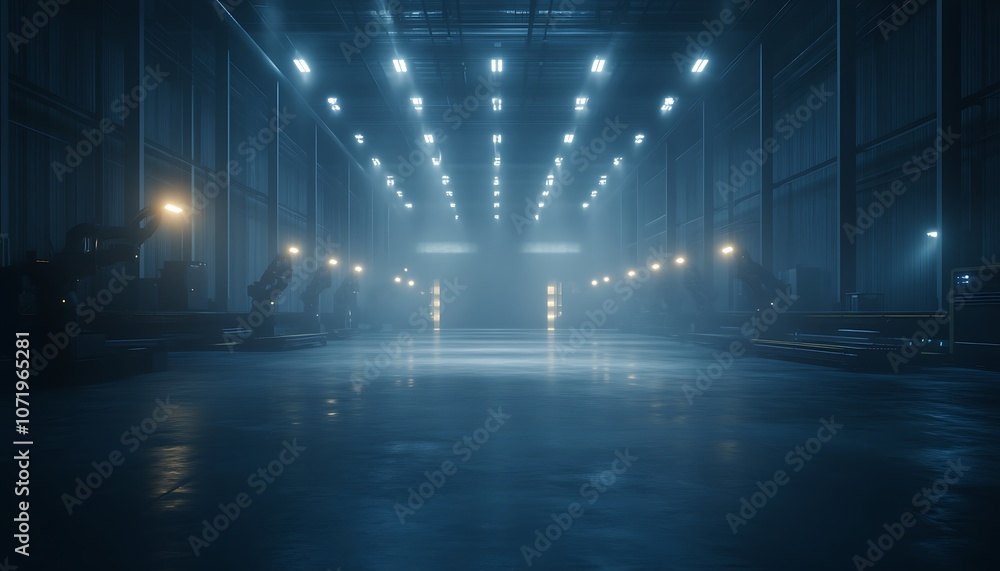 Poster a dimly lit industrial space with multiple bright lights illuminating the floor, creating a dramatic