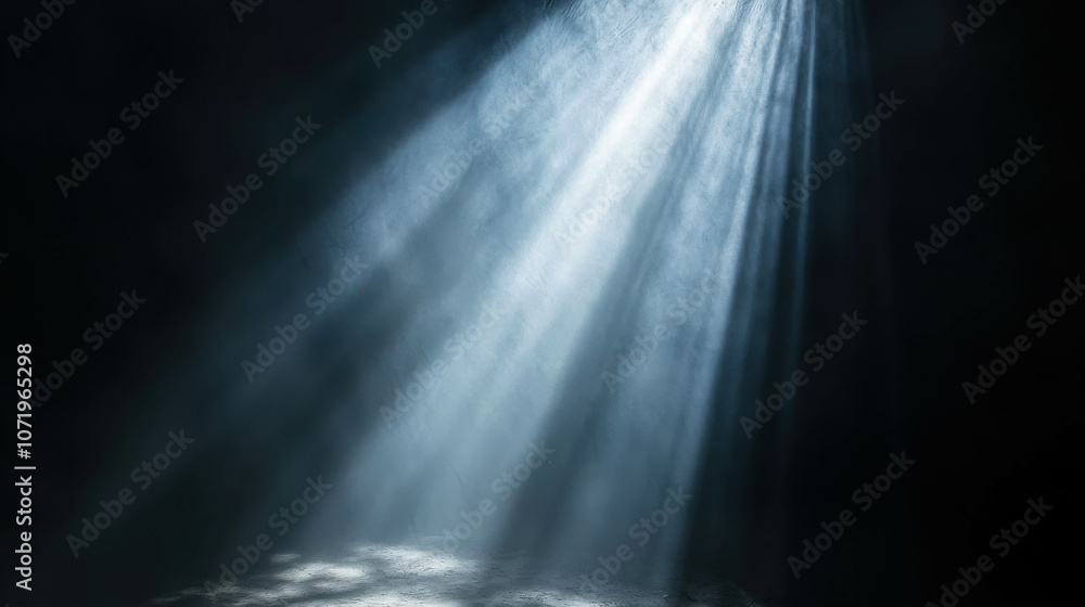 Poster ethereal light beam illuminating a dark space, creating a mysterious atmosphere and highlighting tex