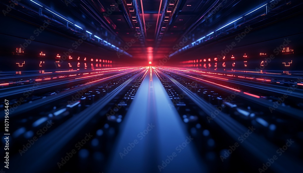 Aufkleber a futuristic tunnel illuminated by vibrant blue and red lights, creating a dynamic sense of depth an