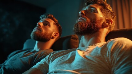 Obraz premium Two men with beards are seated in low light, gazing intensely at an unseen object, captured with focused attention and a dramatic lighting setting.