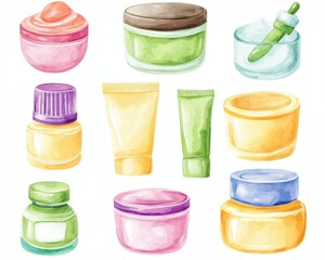 A colorful collection of skincare and beauty products in various containers.