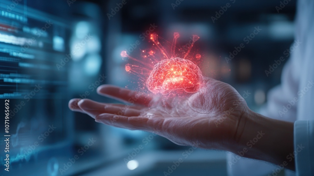 Poster a glowing holographic brain floats above a hand in a science lab, symbolizing the intersection of hu