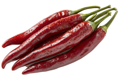Naklejka premium PNG object on clear backdrop. A cluster of fresh red chili peppers with dewdrops, emphasizing their spicy and vibrant nature. Isolated on transparent background.