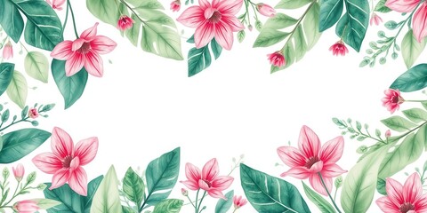 Obraz premium Watercolor floral pattern with vibrant pink and green petals and leaves, nature, illustration, leaves