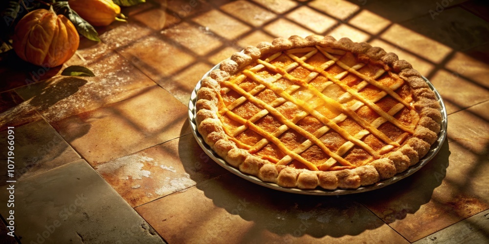 Poster a freshly baked pie with a golden crust and a lattice top, bathed in warm sunlight, sits on a rustic