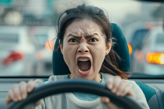 Asian woman road rage angry driving shouting at other driver - Powered by Adobe