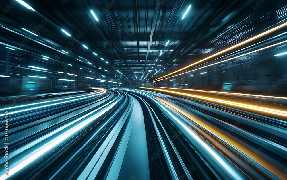 Poster a dynamic scene of illuminated tracks curving through a modern space, showcasing light streaks that 