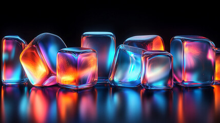 3D render of vibrant glass prisms reflecting light against a black background, symbolizing...