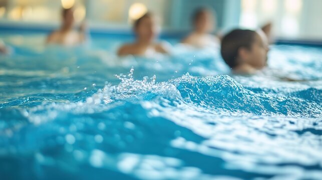 Blurry swimmers in pool, focus on water splash