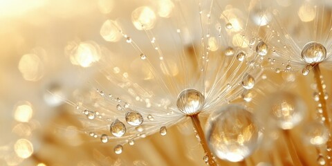 Delicate Water Drops on Dandelion Seeds Captured in a Macro Shot Showcasing the Beauty of Nature's Design with Soft Golden Background and Light Reflections