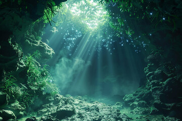 Underwater Cave System Illuminated by Bioluminescent Organisms Isolated on Transparent Background in Ultra HD for Oceanic Adventure Themes