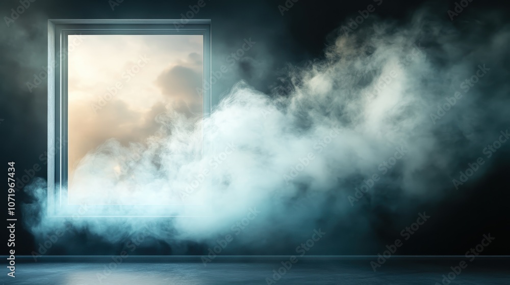 Poster a stream of light pierces through a window, illuminating swirling mist in a tranquil room, creating 