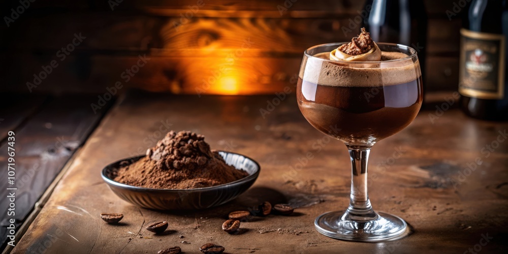 Poster a close-up of a layered chocolate and coffee drink with a chocolate topping, served in a glass with 