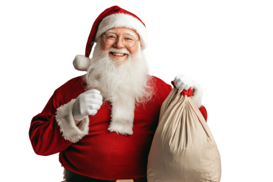 Portrait of old man with Santa Claus costume holding gift bag for Merry Christmas holiday or new year festive isolated on transparent png background