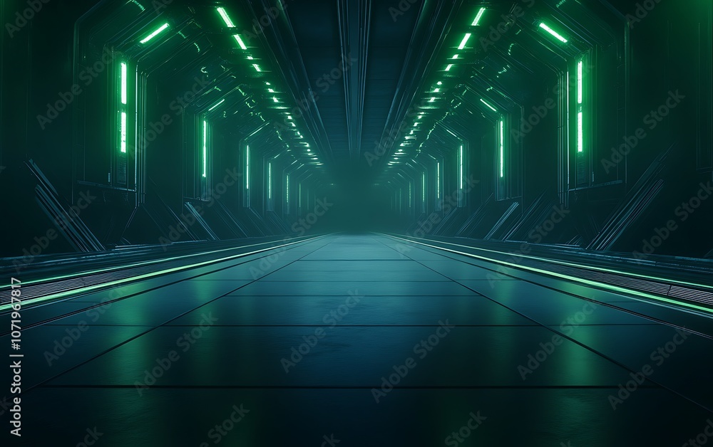 Poster A futuristic, dark corridor illuminated by green lights, featuring sleek walls and a reflective floor, creating a sci-fi atmosphere.