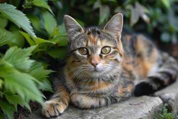 A ginger cat is lying on the ground next to some green plants