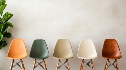 A lineup of five modern chairs with different colors ranging from orange to brown, set against a neutral wall, showcasing simplicity and modern design style.