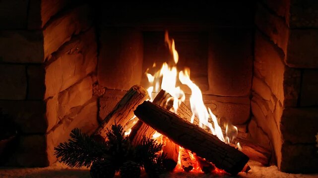 Static video of yule log burning in a rustic stone fireplace during winter solstice, with low key lighting and dancing shadows on evergreen boughs and pinecones