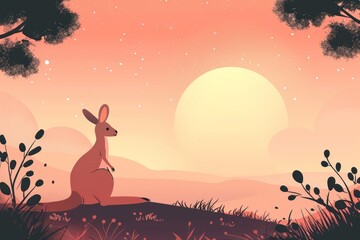 Naklejka premium Kangaroo at sunrise in serene landscape illustration