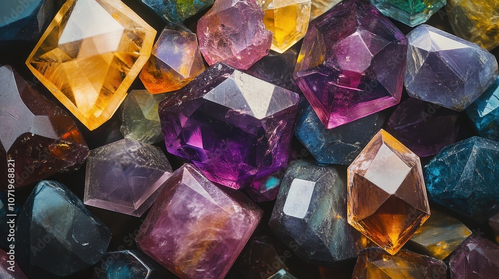 Poster vibrant collection of faceted gemstones in scattered pattern showcasing various shapes and colors id