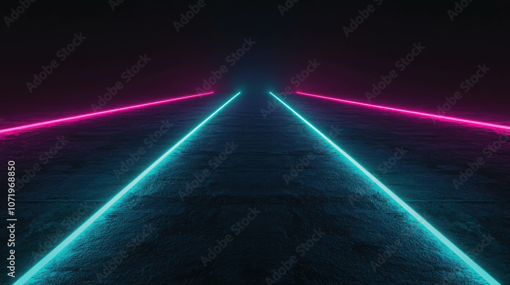 Poster neon light pathway in futuristic environment with vibrant pink and blue lines creating a stunning vi